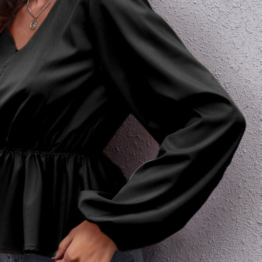 Black V-Neck Peplum Top with Stylish Balloon Sleeves - Picture 3 of 10